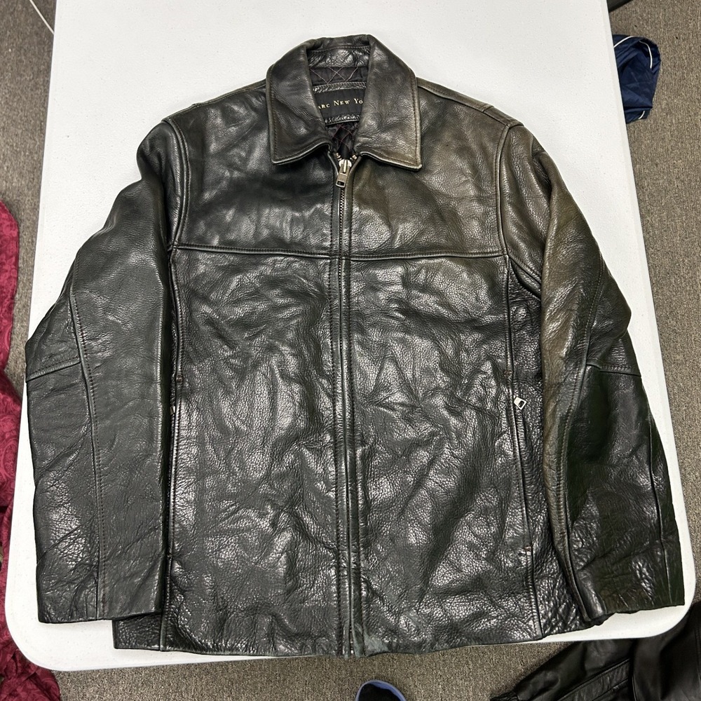 Marc New York Leather Jacket Mens Small Black Distressed Faded Full Zip Coat
